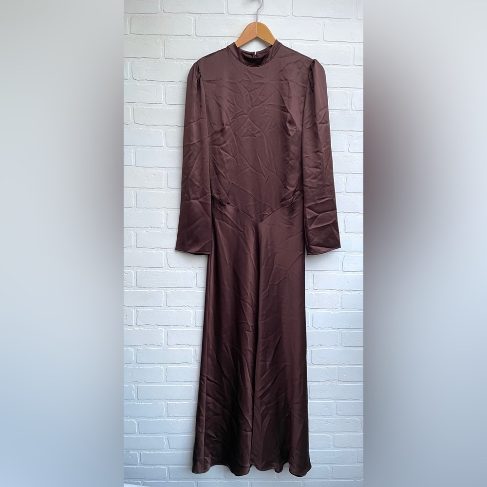 Reformation NEW with tags Nitara Satin Cafe Brown High Neck Midi Dress - Picture 3 of 13
